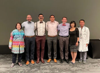 Program Directors and Graduates 2021 (l-r) Dr. Nigar Kirmani, program director, Drs. Patrick Mazi, Joseph Cherabie, Miguel Chavez, Nathan Nolan, Sasinuch Rutjanawech, and Gerome Escota, MD, program co-director.