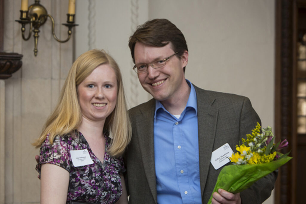 Jeffrey Henderson with student nominator, Anne Robinson, who presented the award. Photo by Jerry Naunheim Jr./WUSTL Photos