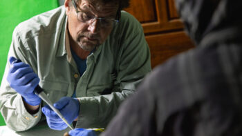 On Alor Island in Indonesia, Peter Fischer, professor of medicine at WashU Medicine, collects blood samples. He and collaborators seek to determine whether one of three types of parasites that cause the disease lymphatic filariasis has been eliminated from the island.