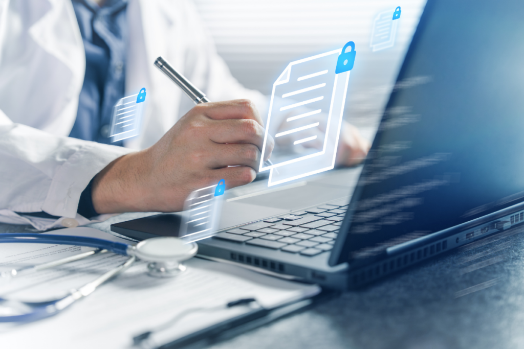 Photograph of a doctor using laptop with images of data locked digital documents superimposed over the photograph.
