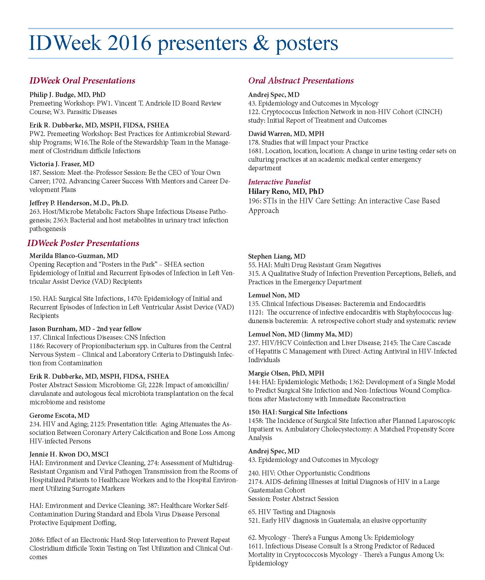 IDWeek 2016 Presenters & Posters - Division of Infectious Diseases